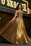 Vestido de fiesta metálico con cuentas de tirantes finos fruncidos brillantes con abertura