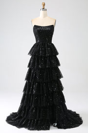Vestido de fiesta negro escalonado de lentejuelas de línea A con abertura