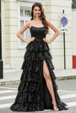 Elegante vestido de fiesta largo de lentejuelas negras sin tirantes de una línea con volantes