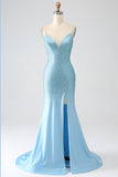 Vestido de fiesta de sirena largo con cuentas verde oscuro brillante con abertura