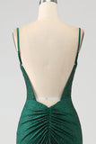 Vestido de fiesta de sirena largo con cuentas verde oscuro brillante con abertura