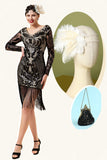 Negro Lentejuelas Flecos 1920s Gatsby Vestido Con Accesorios