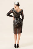 Negro Lentejuelas Flecos 1920s Gatsby Vestido Con Accesorios