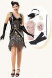 Plata 1920s Vestido Con Conjunto de Accesorios Lentejuelas Flecos