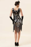 Plata 1920s Vestido Con Conjunto de Accesorios Lentejuelas Flecos