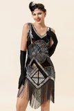 Plata 1920s Vestido Con Conjunto de Accesorios Lentejuelas Flecos
