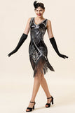 Plata 1920s Vestido Con Conjunto de Accesorios Lentejuelas Flecos