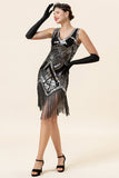 Plata 1920s Vestido Con Conjunto de Accesorios Lentejuelas Flecos