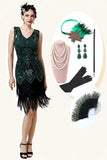 1920s Vestido Gatsby Con Flecos Verde Con Conjunto de Accesorios