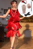 Vestido Gatsby de lentejuelas rojas brillantes con flecos de la década de 1920 con accesorios de los años 20