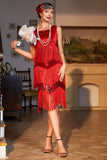 Vestido Gatsby de lentejuelas rojas brillantes con flecos de la década de 1920 con accesorios de los años 20