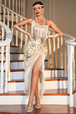 Vestido Gatsby con flecos de lentejuelas con champán de la década de 1920 con conjunto de accesorios