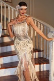 Vestido Gatsby con flecos de lentejuelas con champán de la década de 1920 con conjunto de accesorios