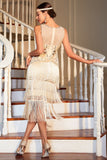 Vestido Gatsby con flecos de champán de la década de 1920 con conjunto de accesorios
