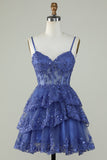 Lindo A Line Spaghetti Straps Dark Blue Sparkly Corset Homecoming Dress