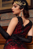Rojo y Negro 1920s Vestido con Flecos