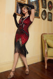 Rojo y Negro 1920s Vestido con Flecos