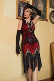 Rojo y Negro 1920s Vestido con Flecos