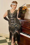 Negro Vestido 1920s Talla Grande Lentejuelas Vestido de Flapper