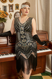 Negro Vestido 1920s Talla Grande Lentejuelas Vestido de Flapper