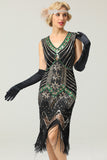 Rojo y Negro 1920s Vestido con Flecos
