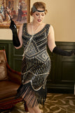 Lentejuelas Negro Talla Grande Vestido de 1920s Flapper con Flecos