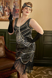 Lentejuelas Negro Talla Grande Vestido de 1920s Flapper con Flecos