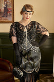 Lentejuelas Negro Talla Grande Vestido de 1920s Flapper con Flecos