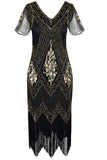 Vestido flapper negro de los años 20 con cuello en V