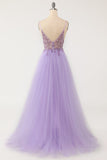 Vestido de fiesta largo de tul con cuentas morado