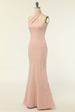 Sirena Halter Rubor Vestido largo de dama de honor con backless