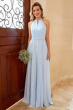 Vestido de dama de honor de gasa larga azul cielo con hendidura
