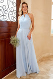 Vestido de dama de honor de gasa larga azul cielo con hendidura