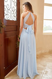 Vestido de dama de honor de gasa larga azul cielo con hendidura