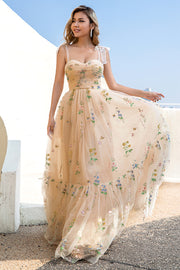 A Line Spaghetti Straps Champagne Prom Dress con Apliques