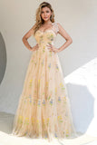 A Line Spaghetti Straps Champagne Prom Dress con Apliques