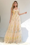 A Line Spaghetti Straps Champagne Prom Dress con Apliques