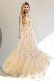 A Line Spaghetti Straps Champagne Prom Dress con Apliques