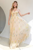 A Line Spaghetti Straps Champagne Prom Dress con Apliques