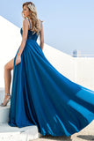 Correas de espagueti azul Vestido de fiesta con encaje