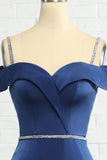 Sirena fuera del hombro Vestido de dama de honor azul marino con cuentas