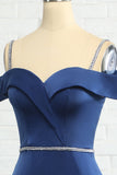 Sirena fuera del hombro Vestido de dama de honor azul marino con cuentas