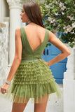 A Línea Cuello en V Verde Vestido de Cóctel Volantes