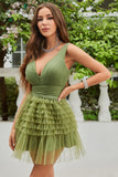 A Línea Cuello en V Verde Vestido de Cóctel Volantes