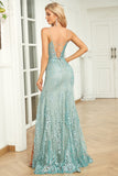 Vestido de fiesta verde sirena con tirantes de espagueti