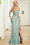 Vestido de fiesta verde sirena con tirantes de espagueti