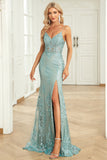 Vestido de fiesta verde sirena con tirantes de espagueti