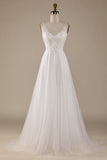 Ivory V-Neck Tulle Sweep Train Vestido de novia con encaje