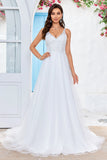Ivory V-Neck Tulle Sweep Train A Line Vestido de novia con encaje