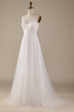 Ivory V-Neck Tulle Sweep Train Vestido de novia con encaje